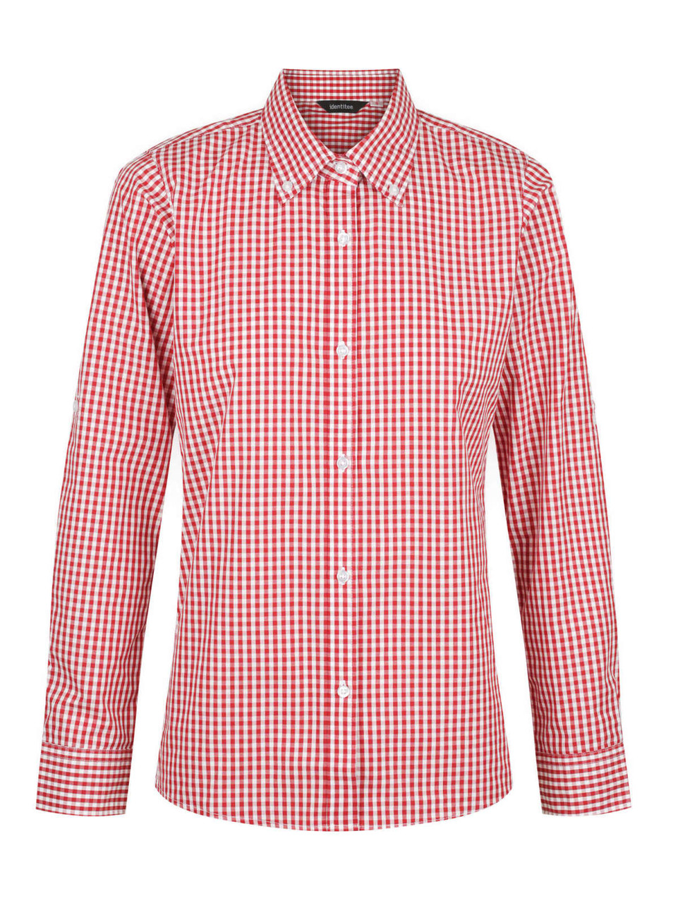 A red and white checked long sleeve button-up shirt with a collar and fitted design. It features a logo.