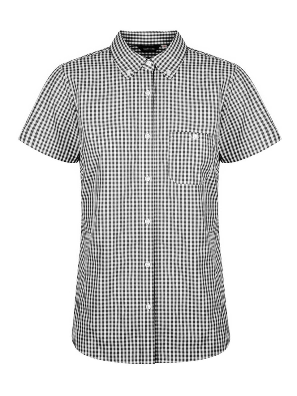A ladies' short sleeve button-up shirt featuring a black and white check pattern and a single chest pocket.