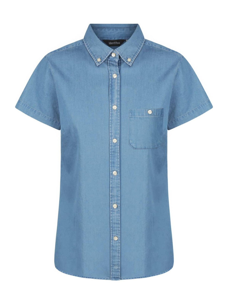 A blue short-sleeve button-up shirt with a pocket on the chest and a collar. Features a logo.