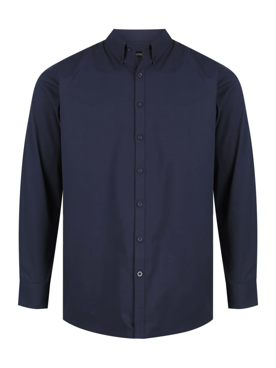 A navy blue men's long sleeve button-up shirt with a classic collar and a logo.