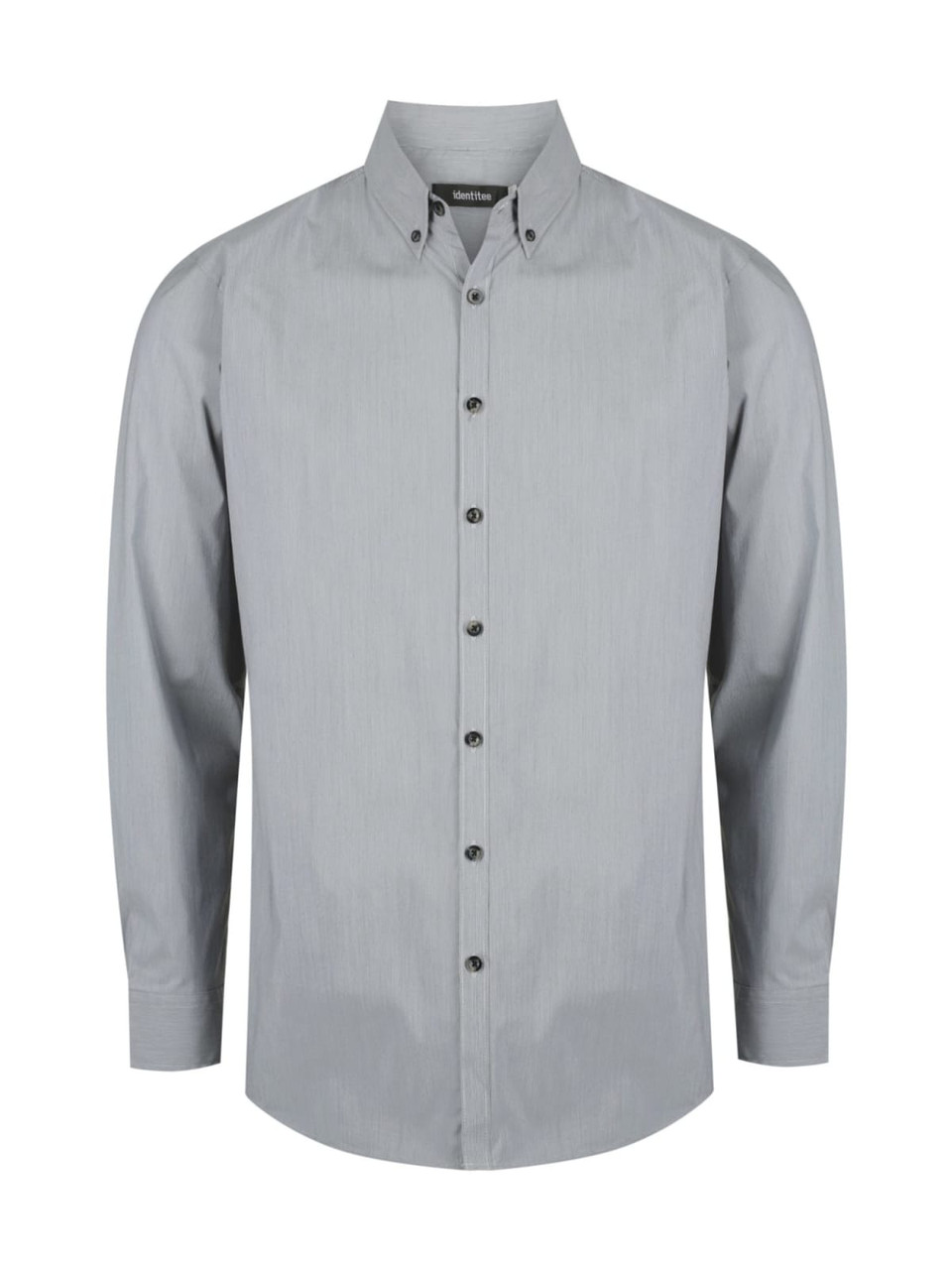 A long sleeve men's shirt in light grey with a button-up front and a collar. It features a logo on the label.