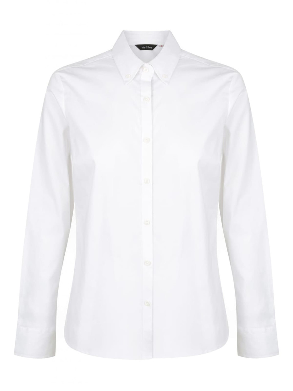 A white long sleeve button-up shirt featuring a classic collar and a branding logo.