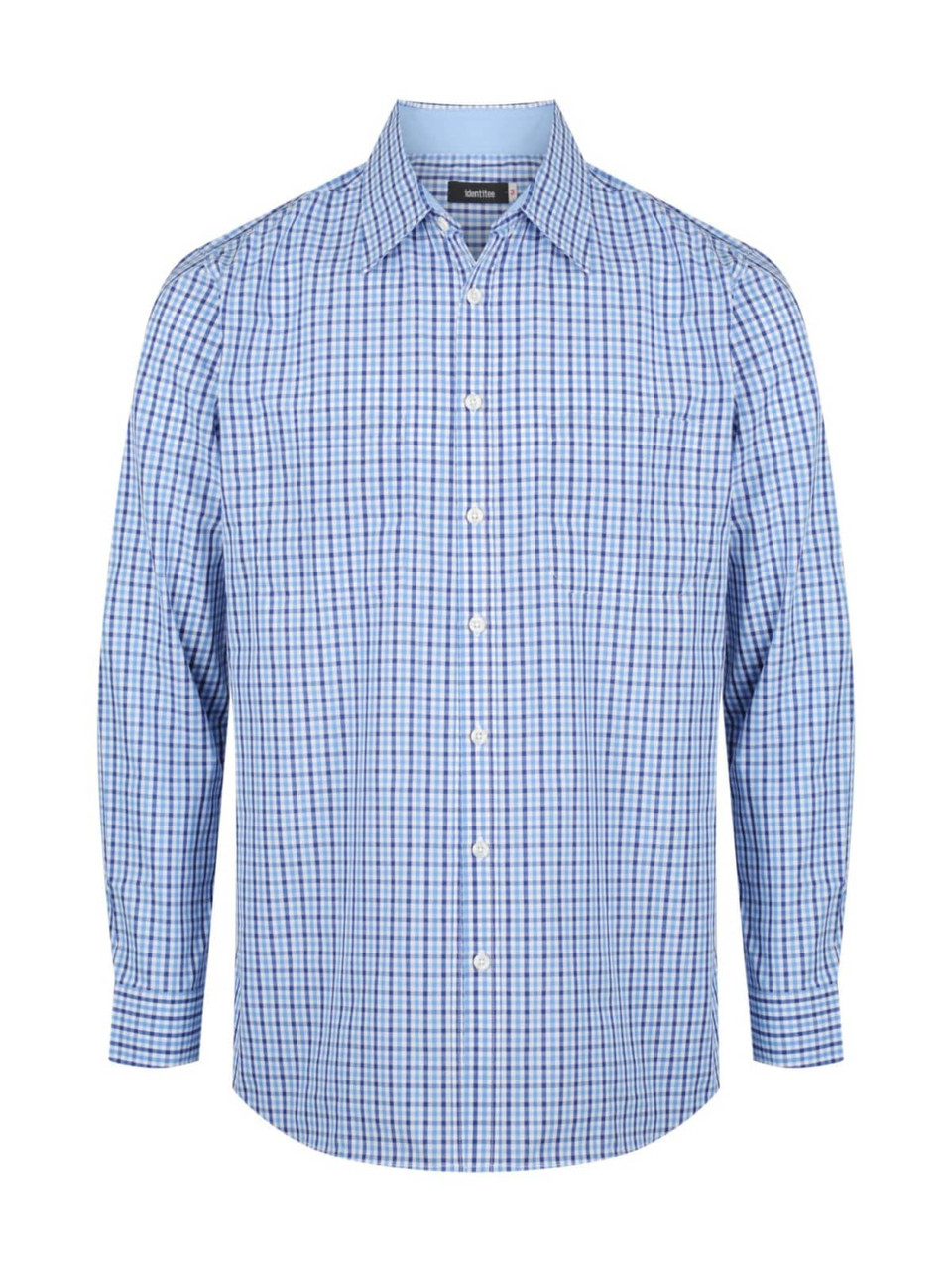 A men's long sleeve button-up shirt in blue and white check pattern, featuring a collar and button closure.