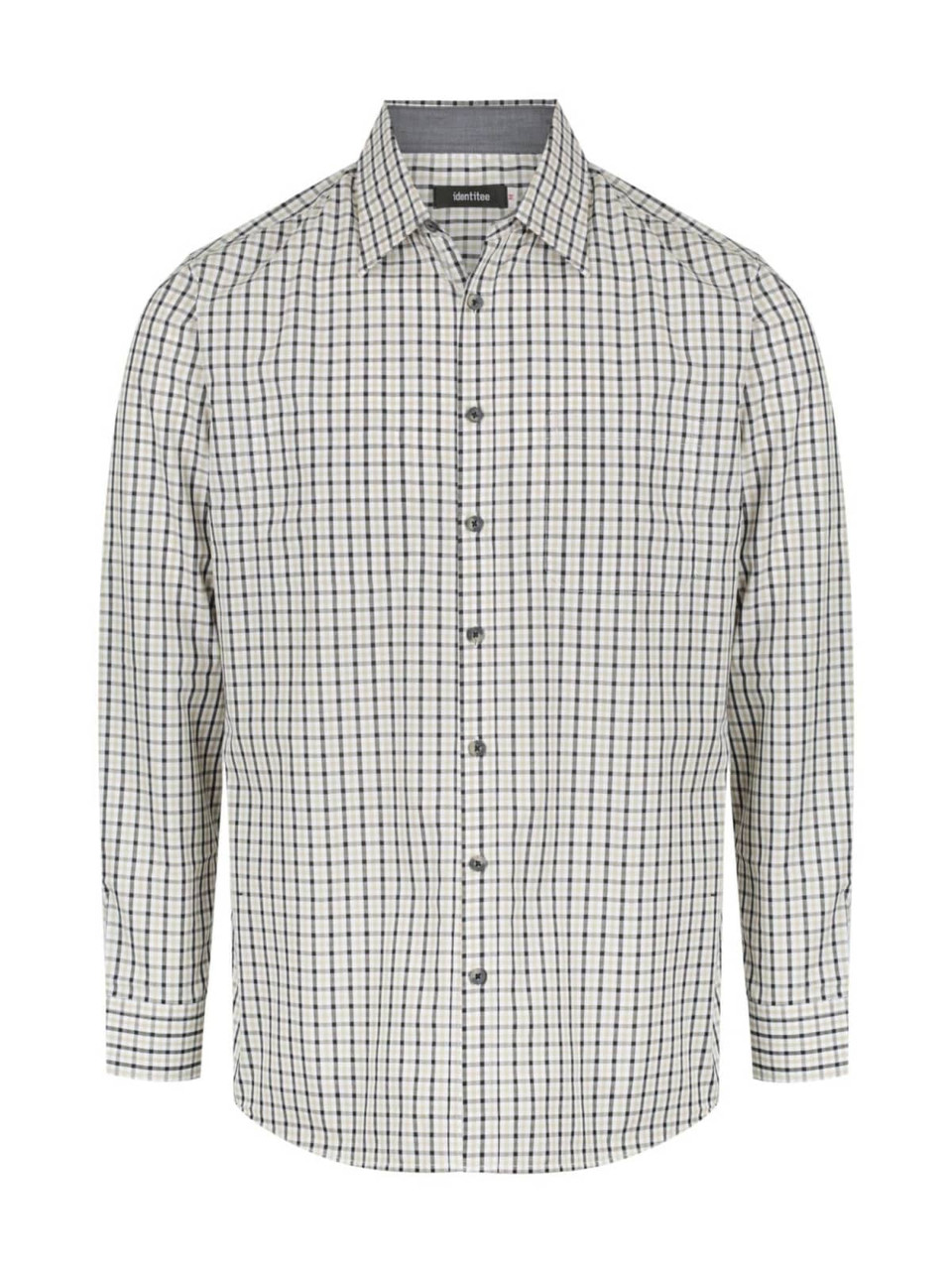 A men's long sleeve button-up shirt in a checked pattern with navy and cream colours. It features a collar and buttons.