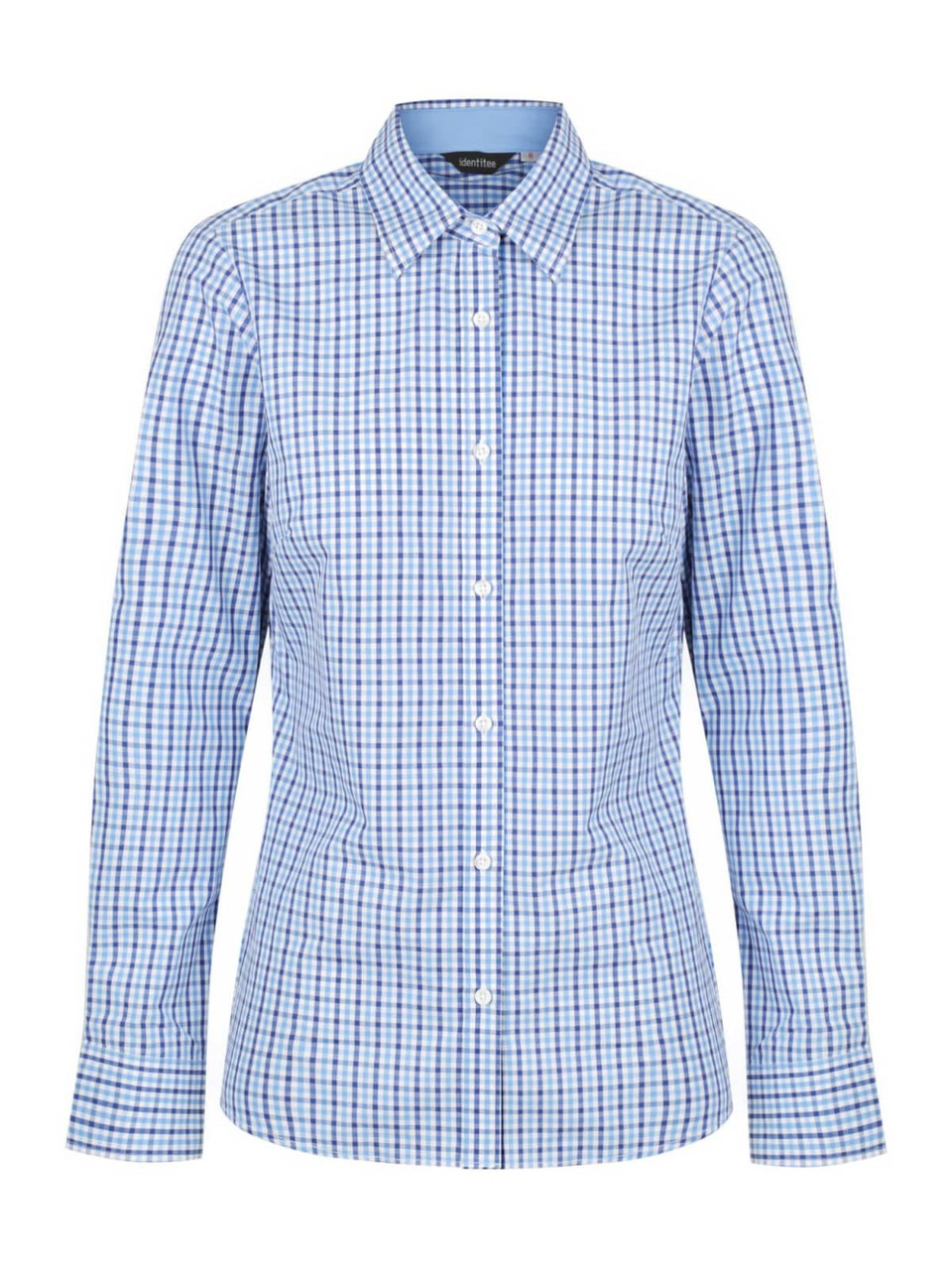 A blue and white checkered long sleeve button-up shirt for ladies, featuring a collar and a logo.