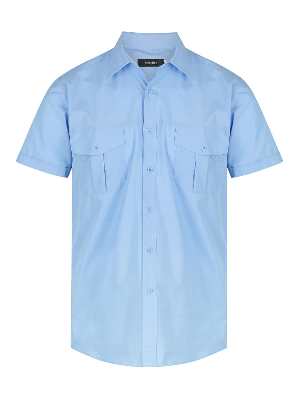 A light blue men's short sleeve button-up shirt with two chest pockets and a logo on the label.