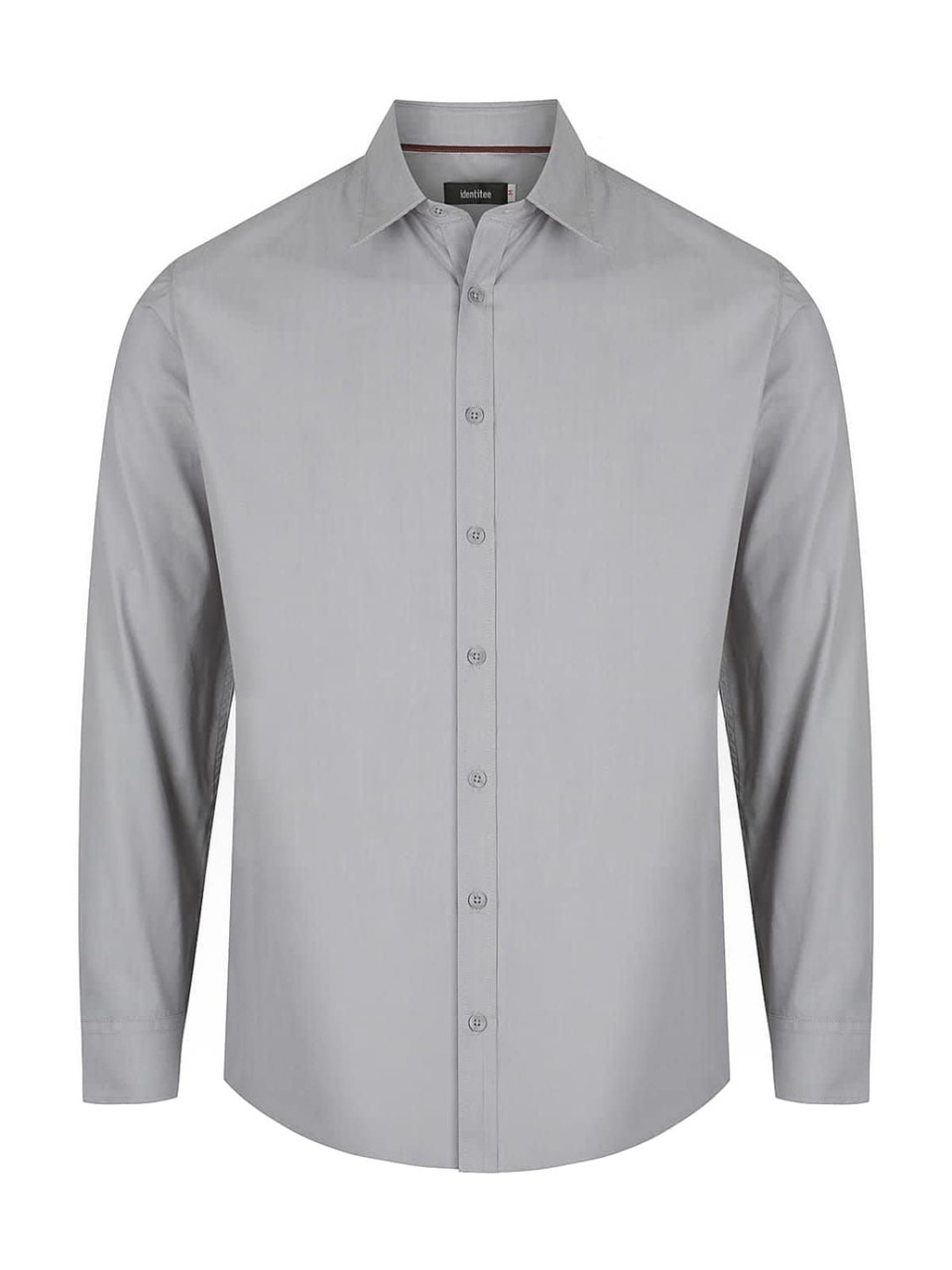 A light grey men's long sleeve button-up shirt featuring a collar and a branded label.