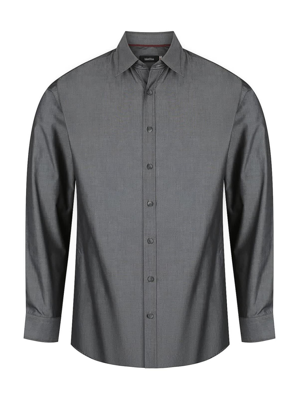 A grey long sleeve button-up shirt with a structured collar and a branding logo on the label.