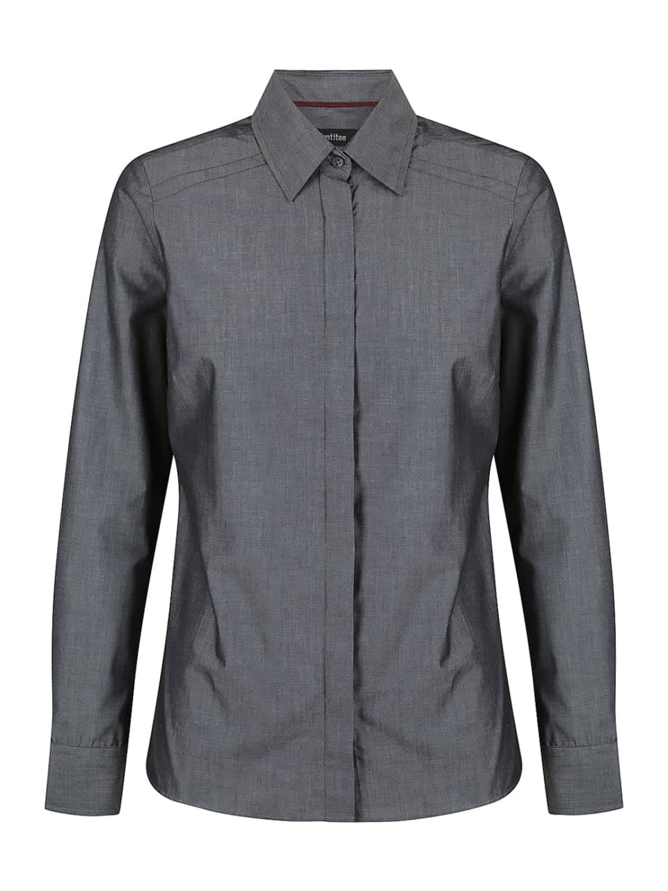 A button-up ladies' long sleeve shirt in a dark grey colour, featuring a classic collar and a logo.