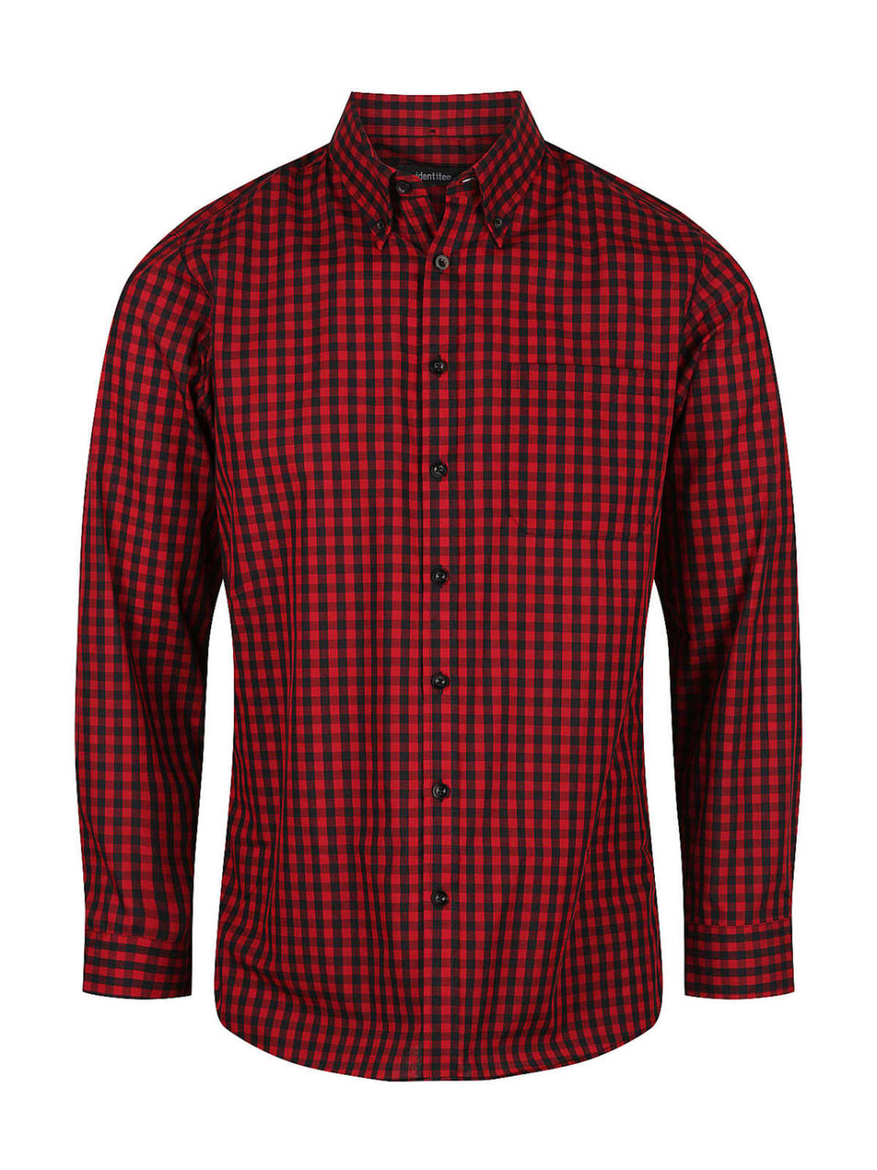 A red and black checkered long sleeve button-up shirt featuring a collar and a logo.