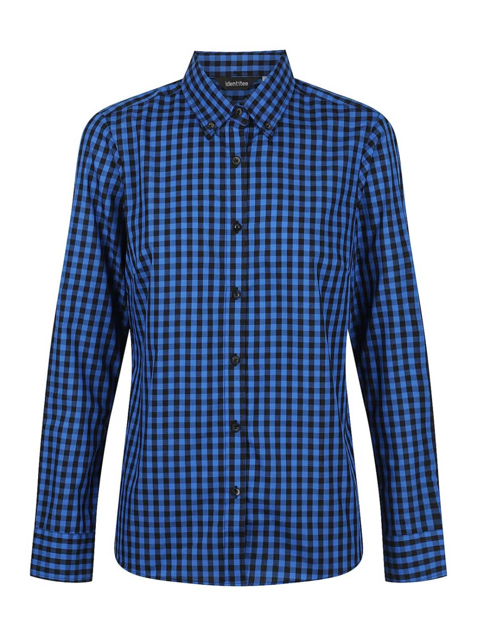 A blue and black checkered long sleeve button-up shirt with a collar and a logo.