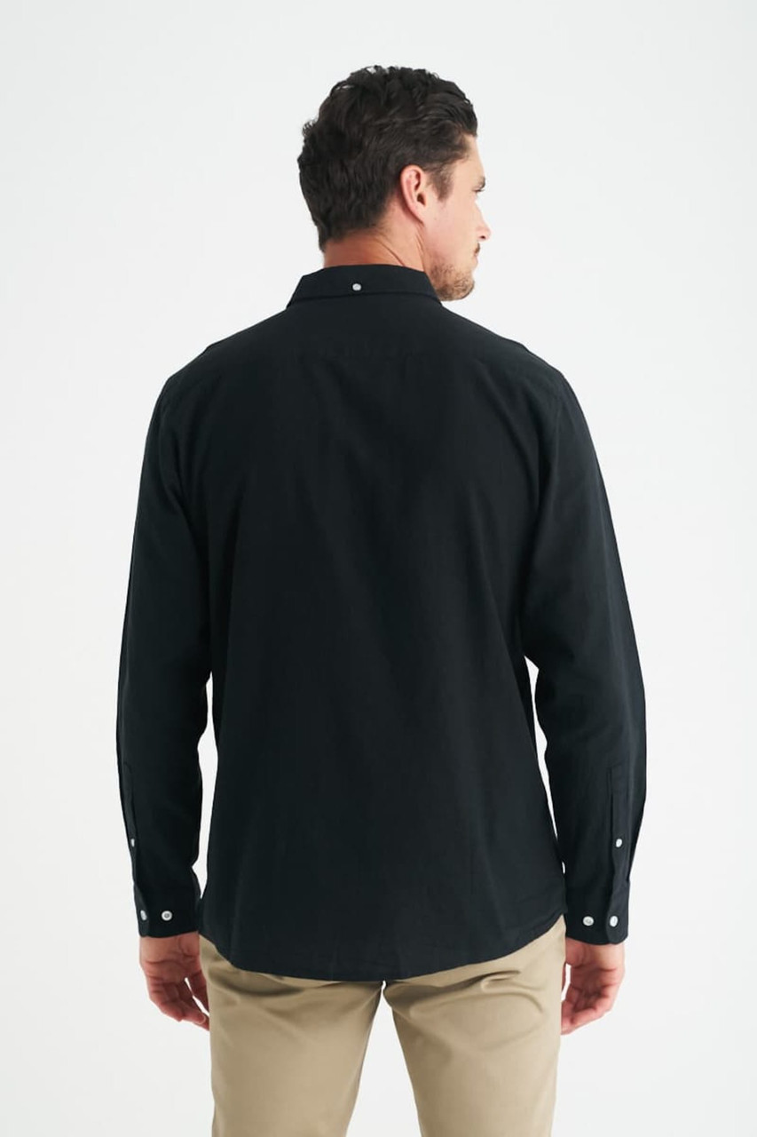 A men's long sleeve button-up shirt in black, featuring a back view and a button-down collar.
