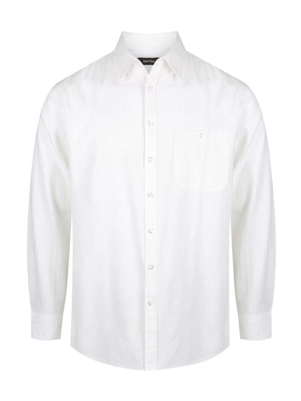 A white long sleeve button-up shirt featuring a chest pocket and a logo.