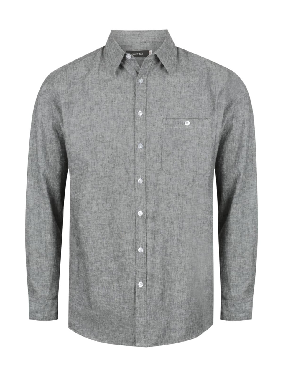 A men's long sleeve button-up shirt in grey with a single chest pocket and a logo on the label.