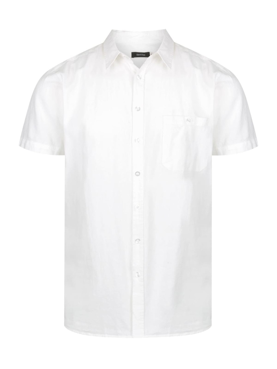 A white short sleeve button-up shirt with a chest pocket and a logo on the chest.