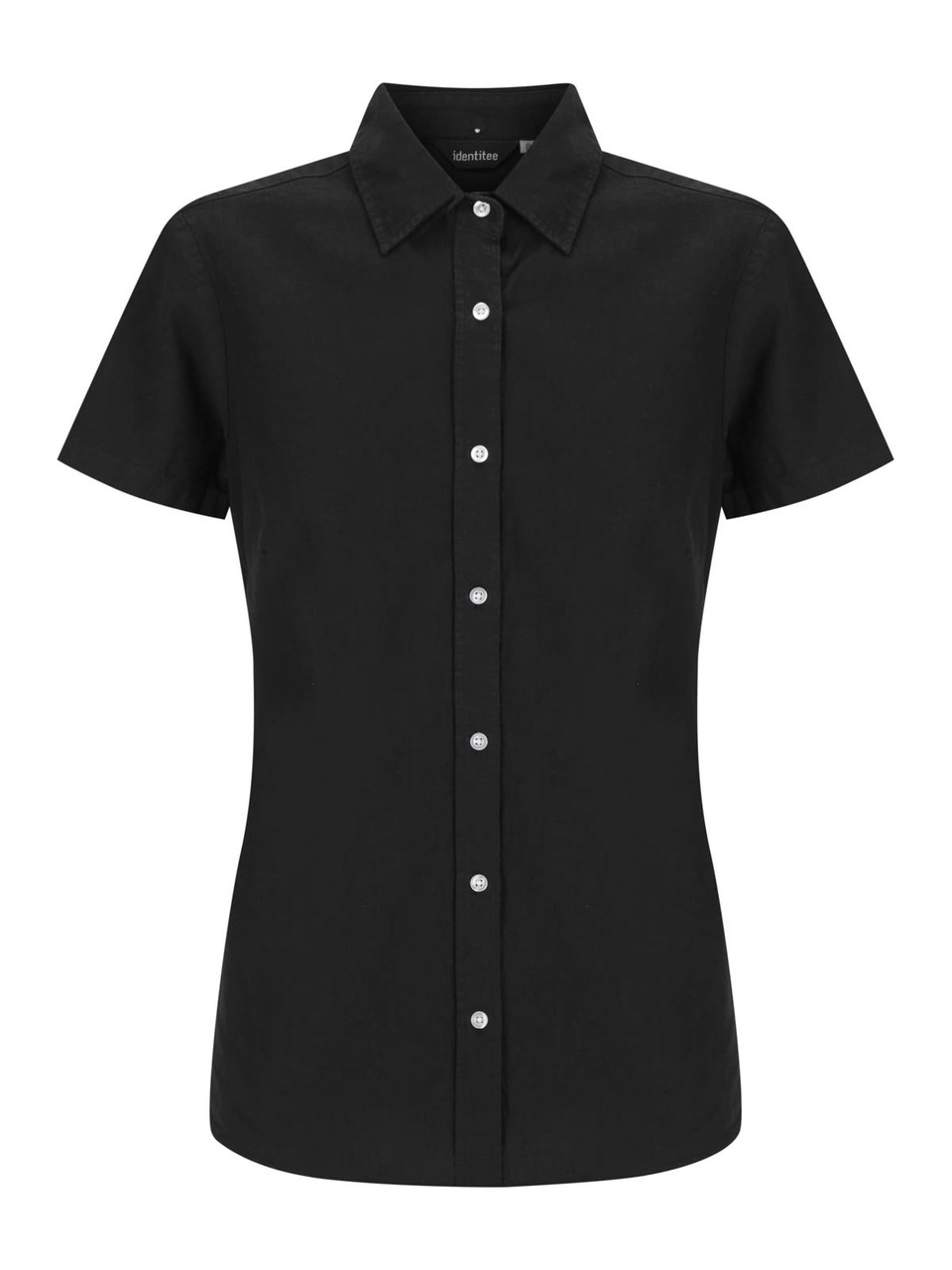 A black ladies' short sleeve shirt with a fitted design and button placket, featuring a logo on the label.