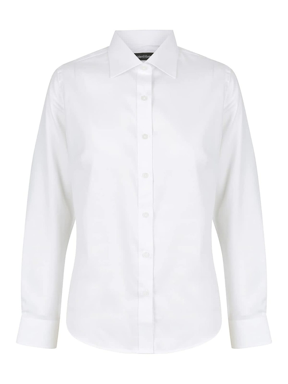 A white long sleeve button-up shirt with a collar and cuffed sleeves, featuring a logo on the chest.
