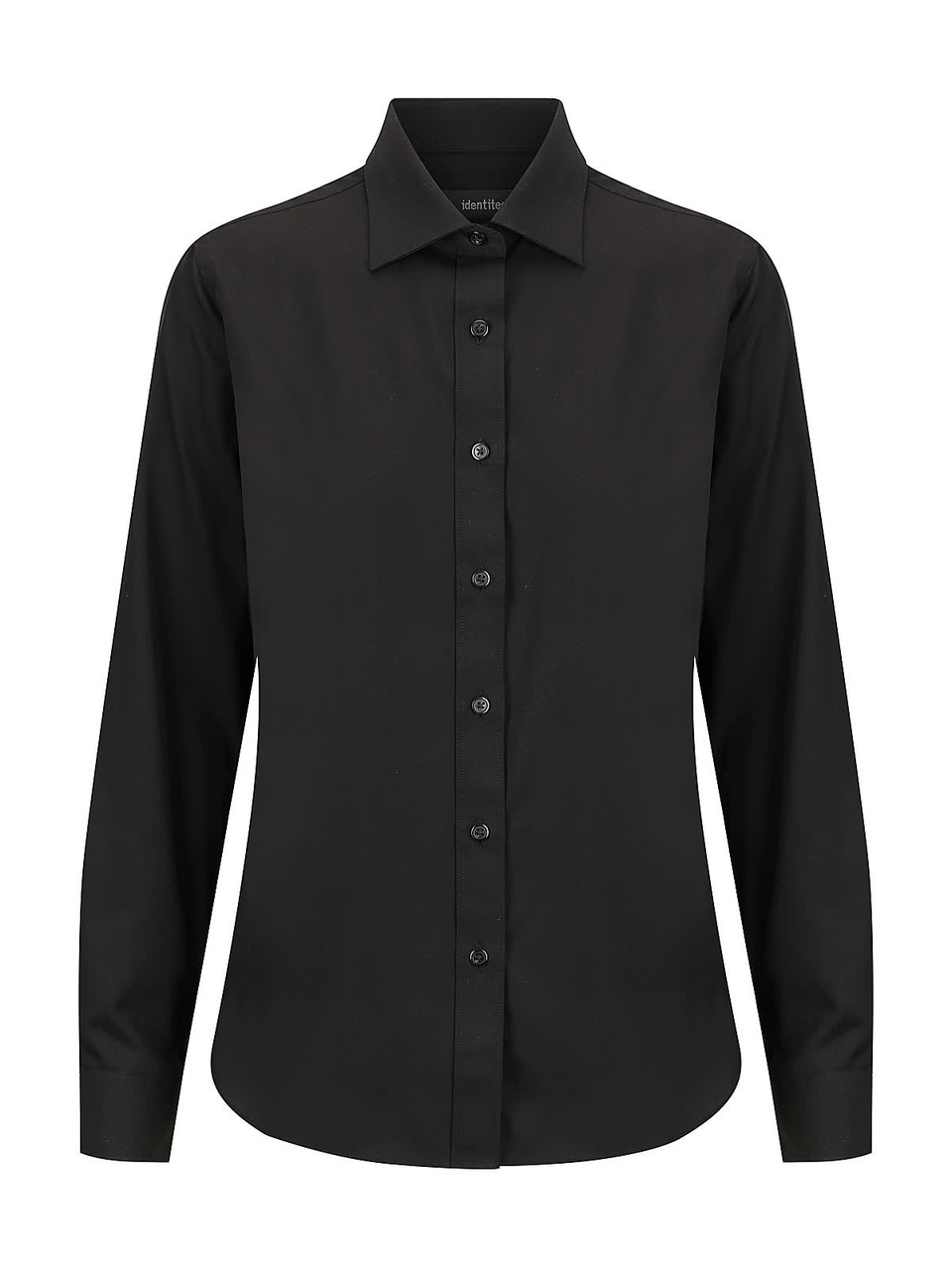 A ladies long sleeve button-up shirt in black with a classic collar and button front. Features a logo branding.