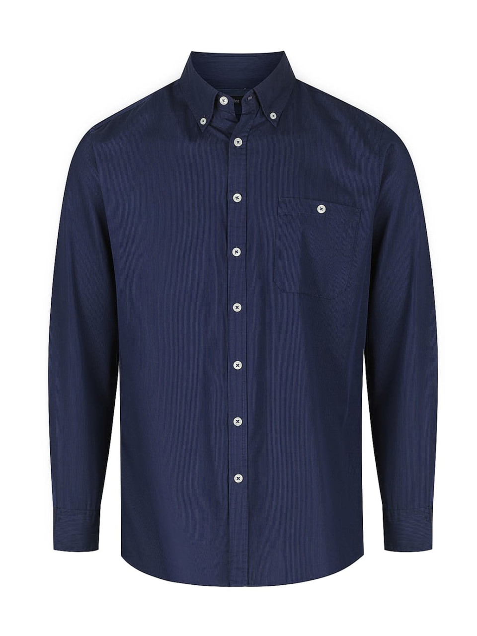 A men's long sleeve button-up shirt in navy blue with a chest pocket and a logo on the shirt.
