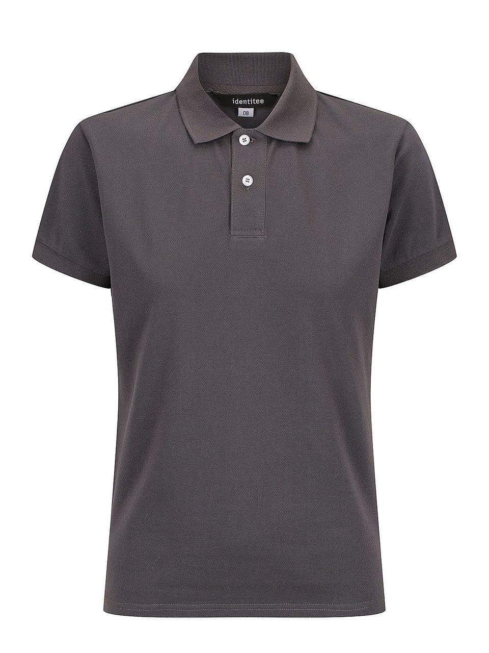 A ladies' polo shirt in dark grey, featuring a classic collar and button placket, with a logo on the label.