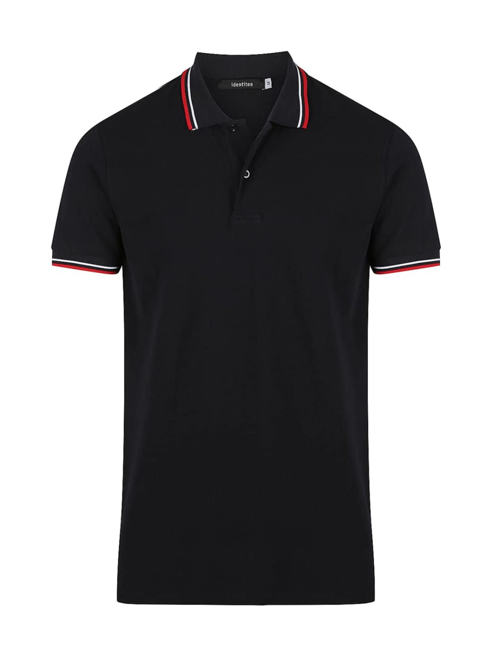 A black polo shirt with red and white striped details on the collar and sleeves, featuring a logo.