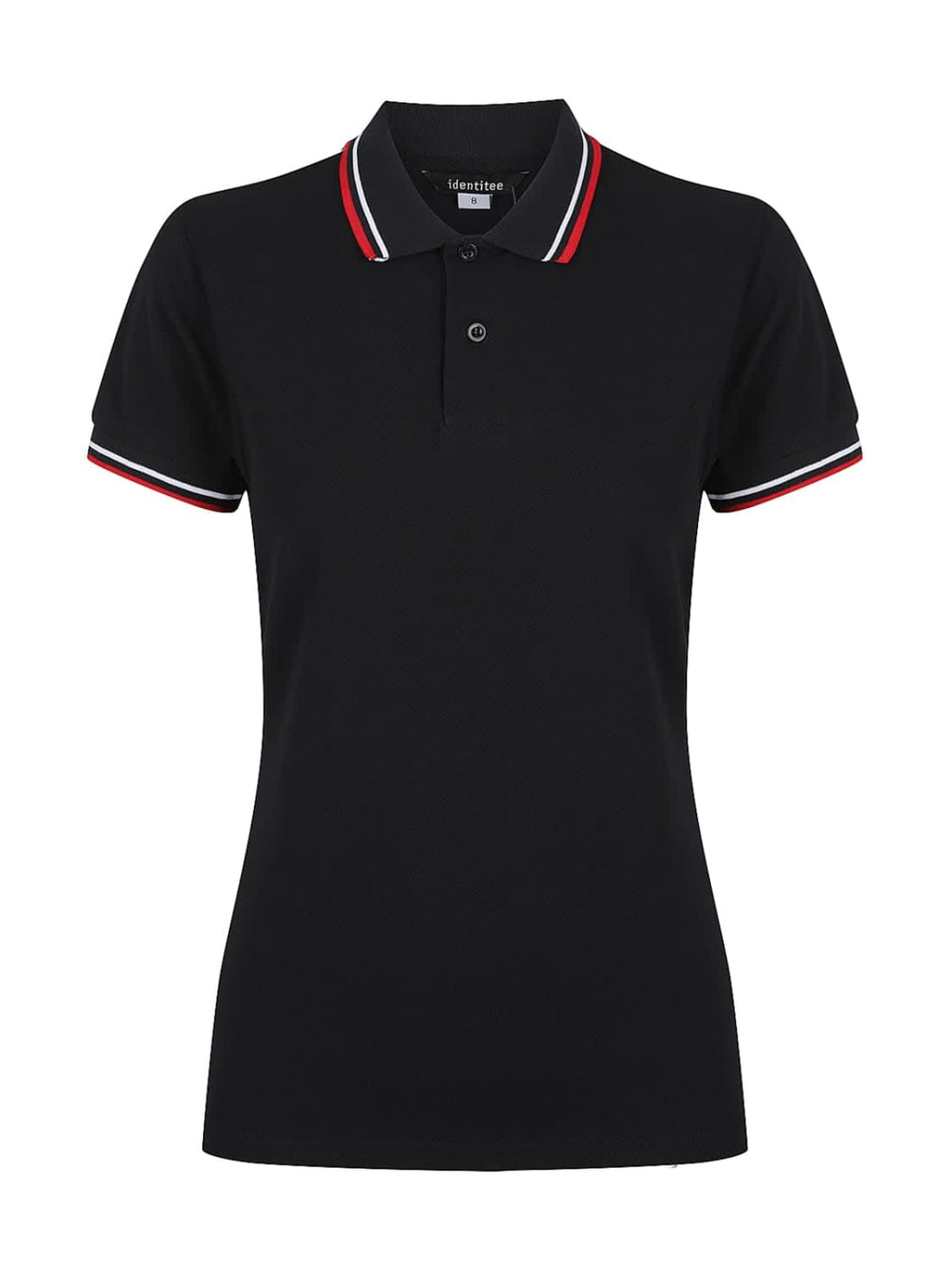 A black ladies polo shirt with a collar and striped detailing in red and white. It features a logo on the chest.