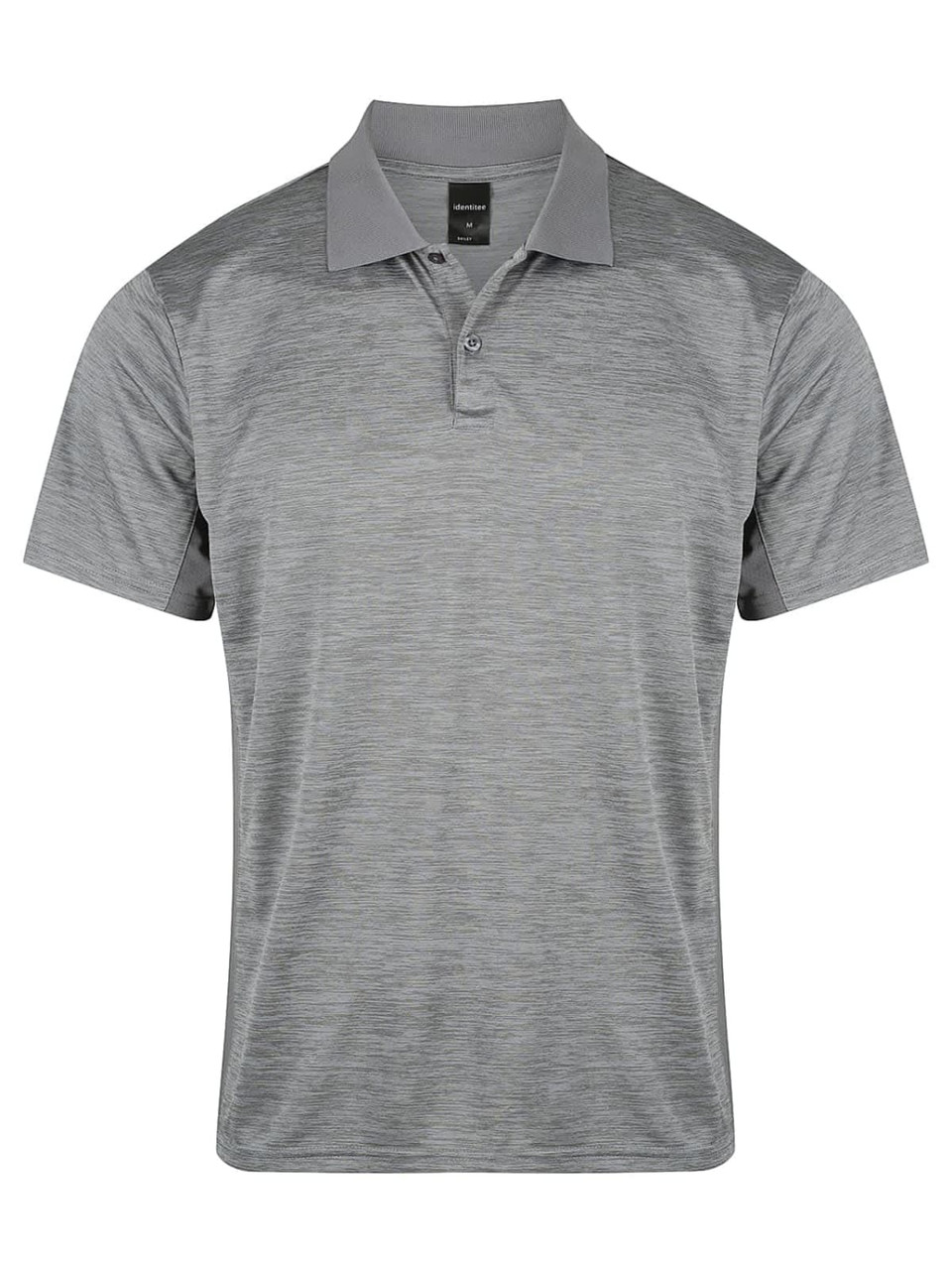 A grey men's polo shirt featuring a collar and short sleeves. It has a logo on the chest.