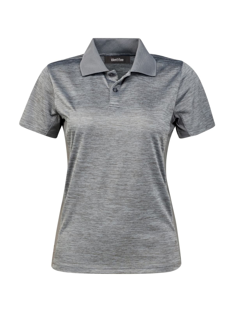 A grey ladies' polo shirt featuring a collar and a branded logo. Suitable for casual or semi-formal wear.