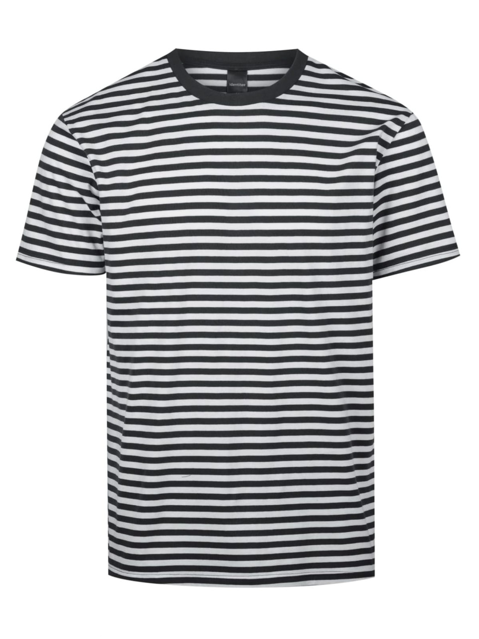 A striped men's T-shirt featuring black and white horizontal stripes and a contrasting black crew neckline.