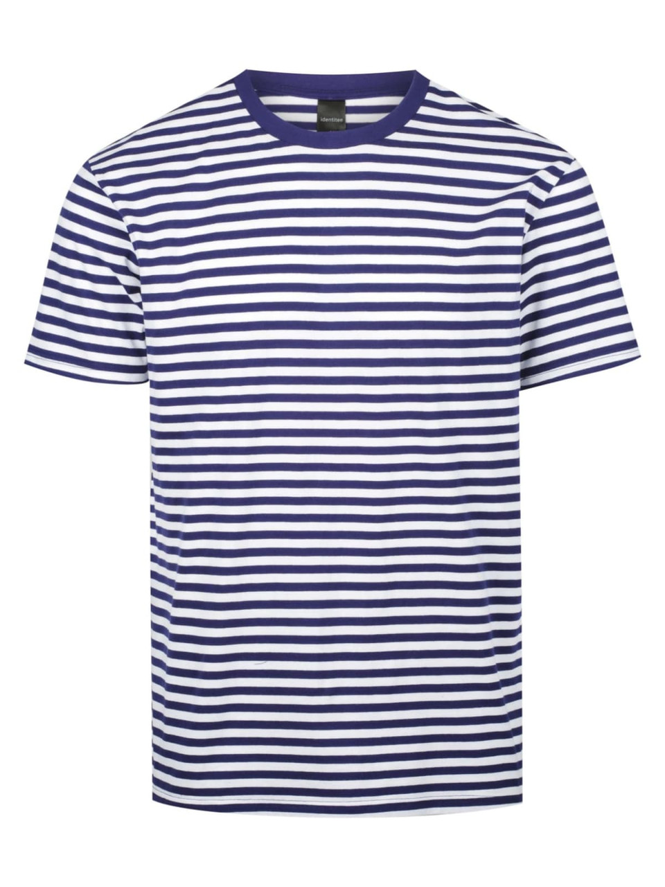 A men's T-shirt featuring horizontal navy and white stripes, with a round neckline and a logo on the label.