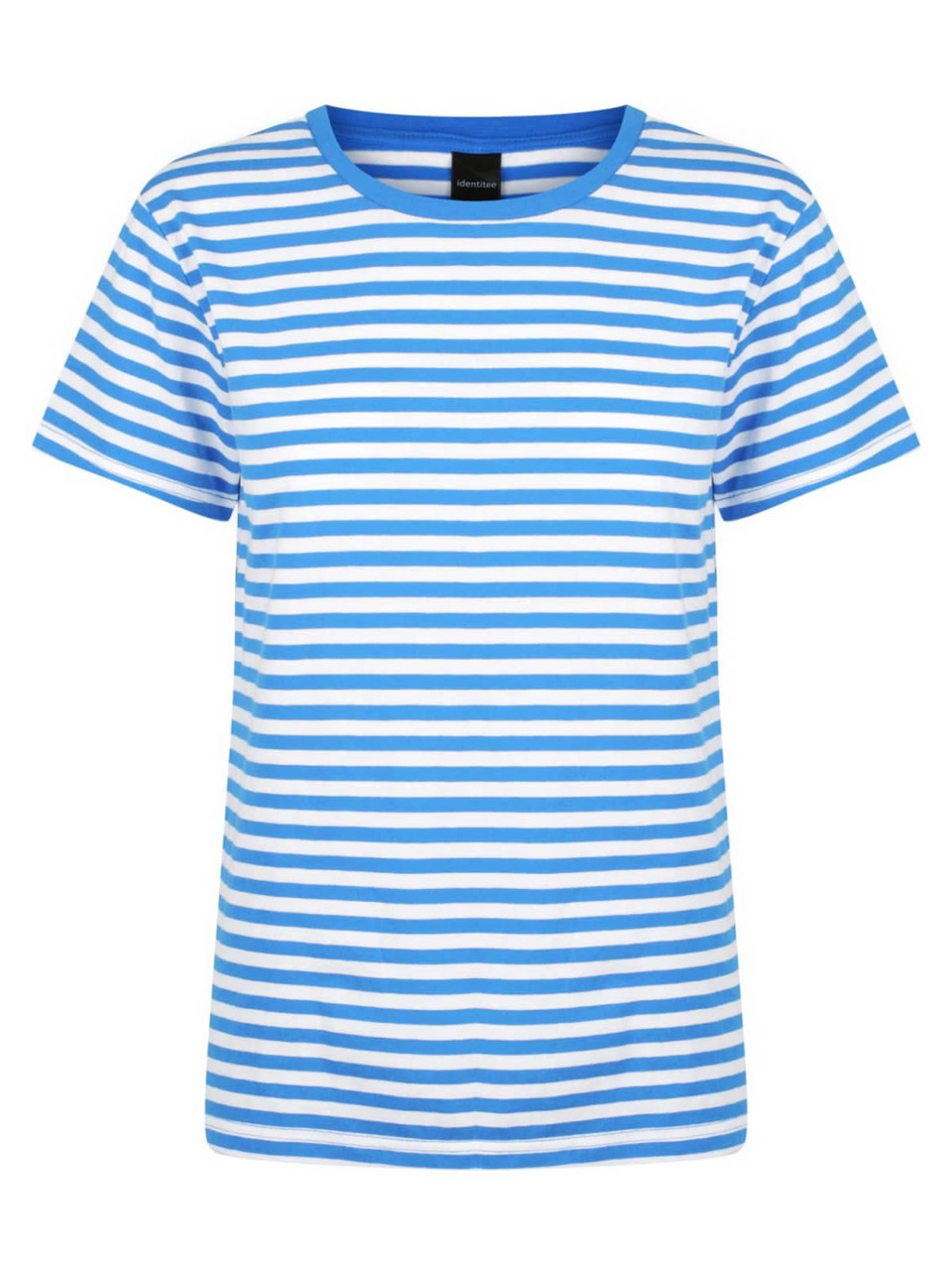 A blue and white striped ladies' t-shirt with a round neckline and short sleeves. It features a brand logo.