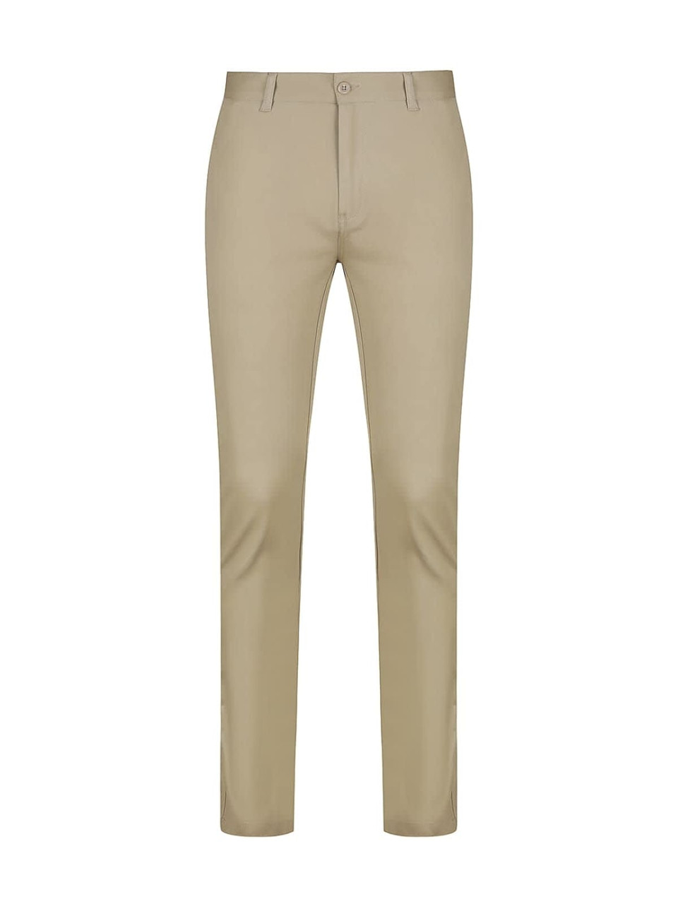 Light beige men's chino pants with a tailored fit and a logo on the waistband.