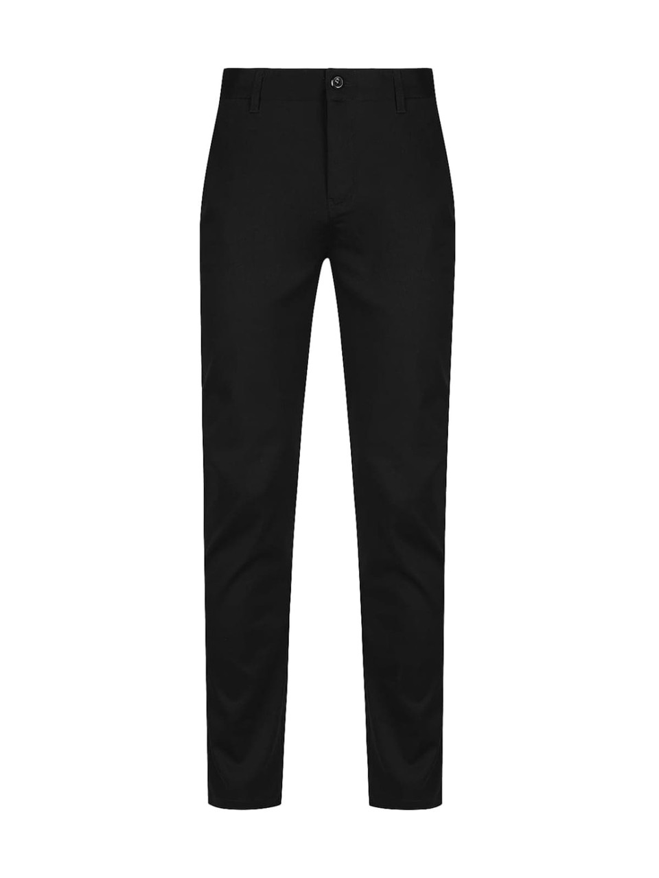 A pair of black chinos featuring a slim fit design and a front button closure.