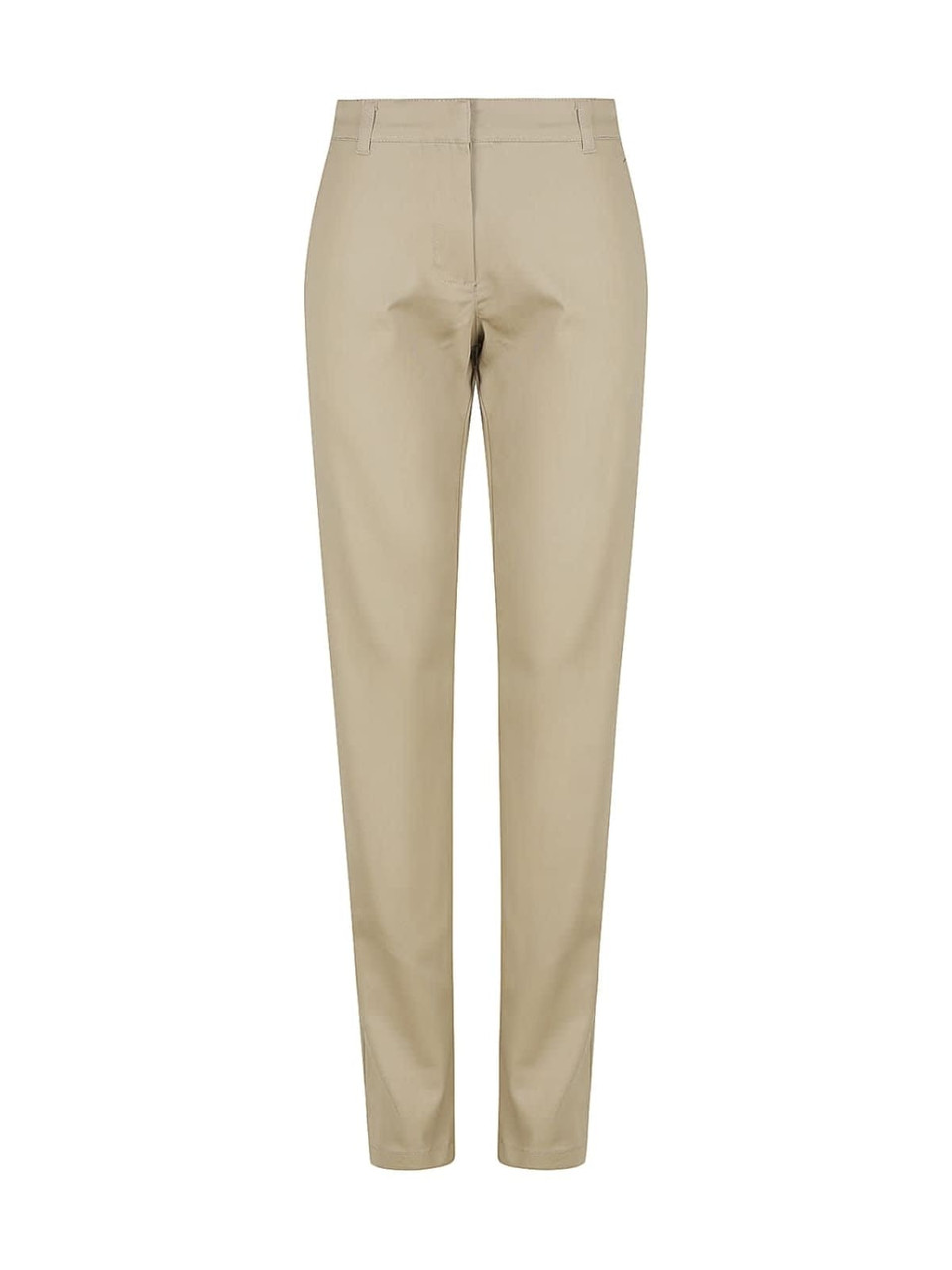 A pair of women's chino pants in a light beige colour, featuring a sleek, tailored design and standard waistband.