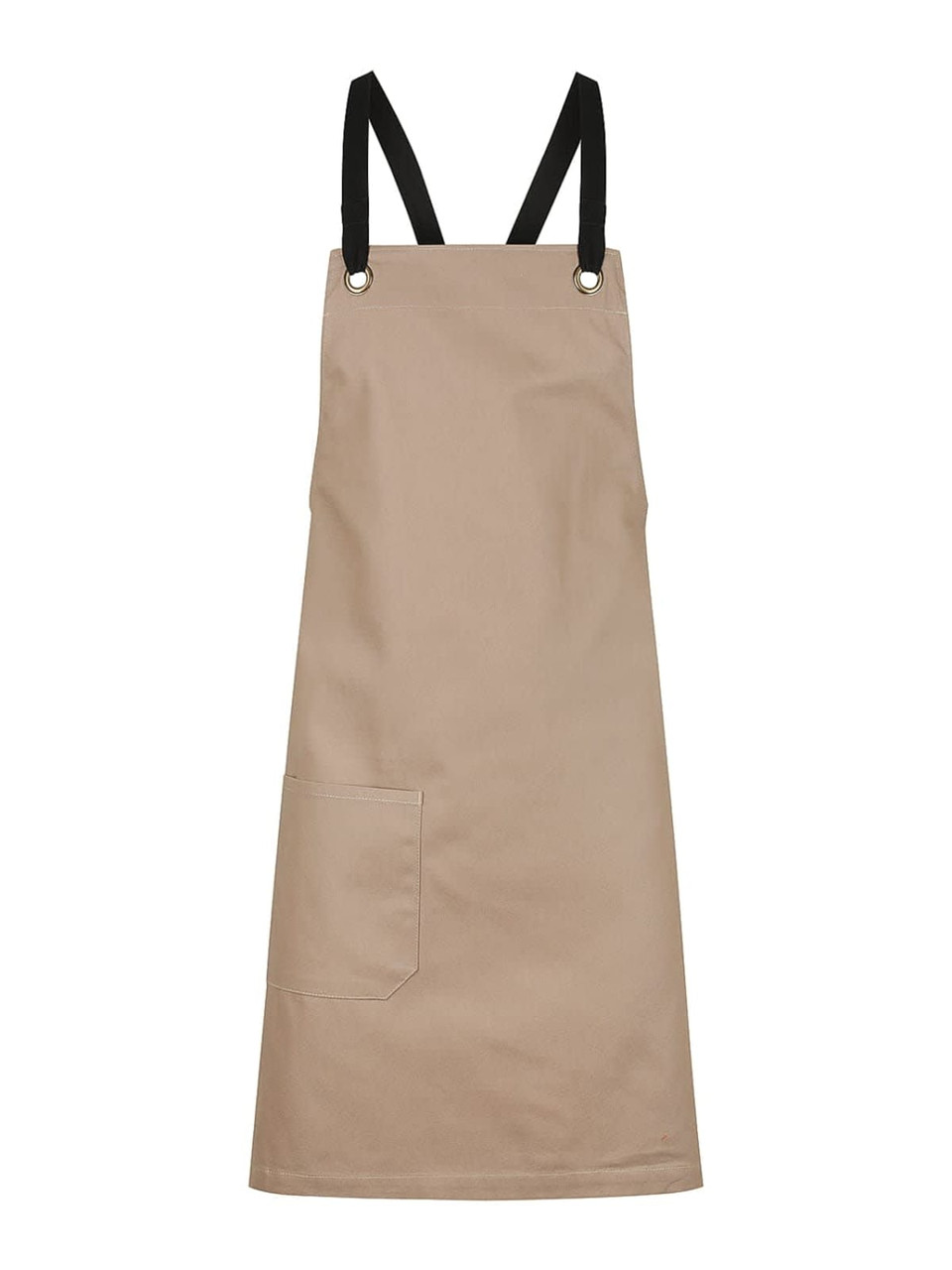 A beige bib apron with black straps, featuring a front pocket and a simple design.