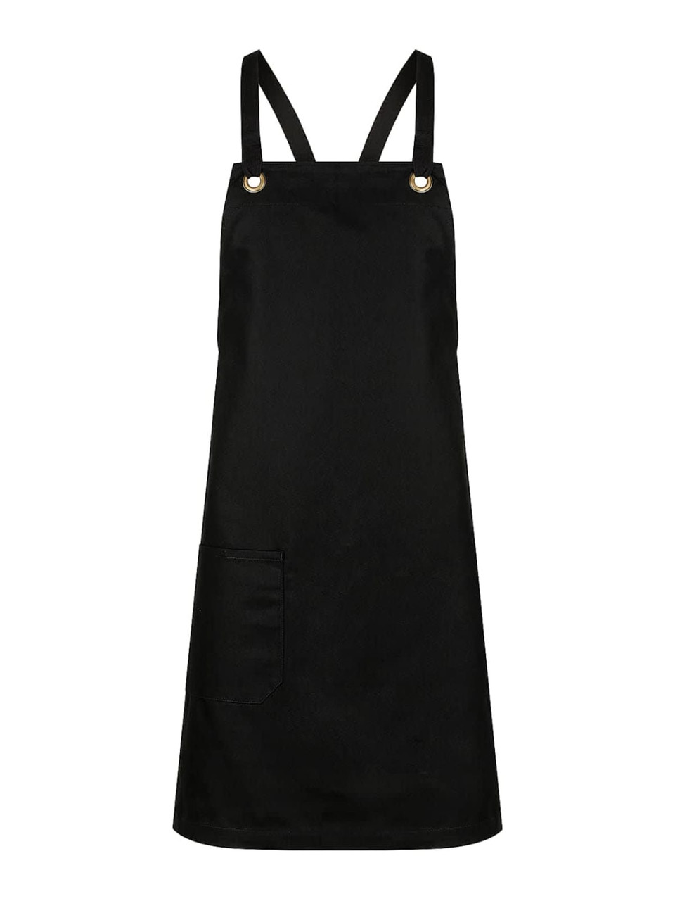 A black bib apron featuring adjustable straps and a front pocket. It has a logo on the side.