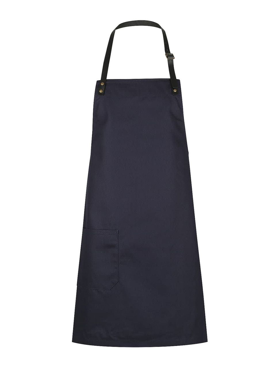 A navy blue bib apron with an adjustable strap and a front pocket, featuring a logo.