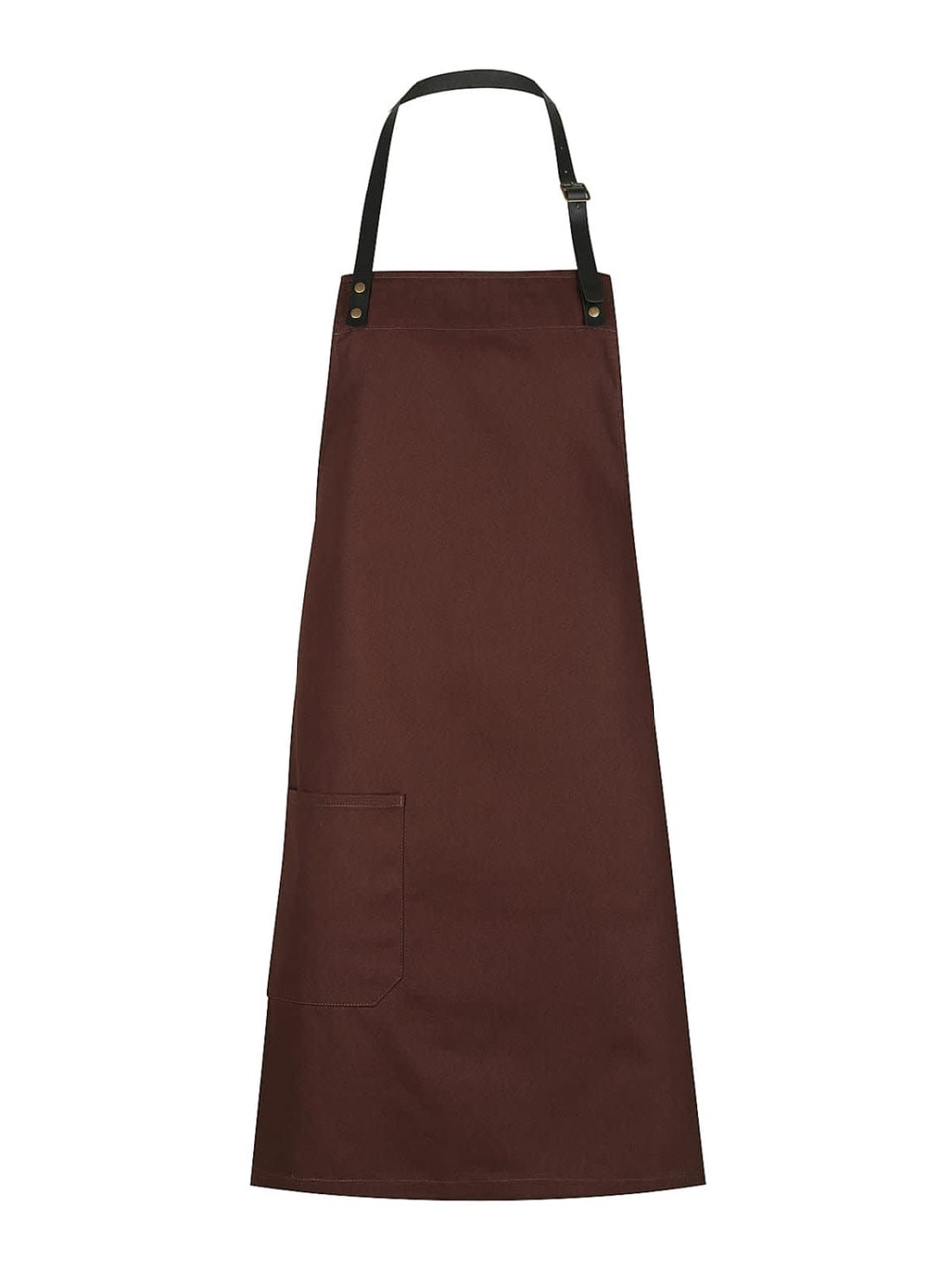 A brown bib apron with a pocket and adjustable strap, featuring a logo at the top.