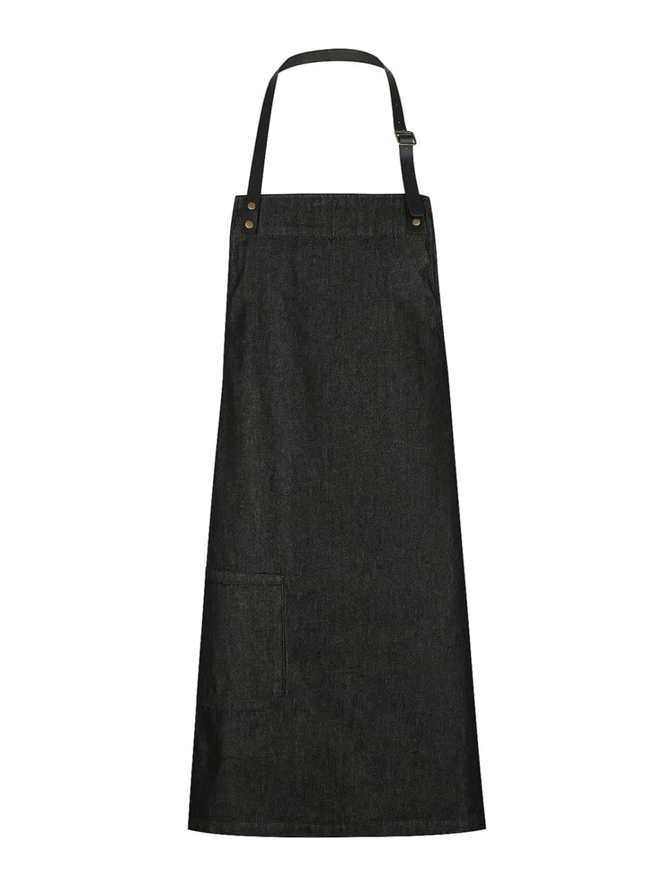 A black bib apron featuring an adjustable neck strap and a side pocket. The apron has a logo.