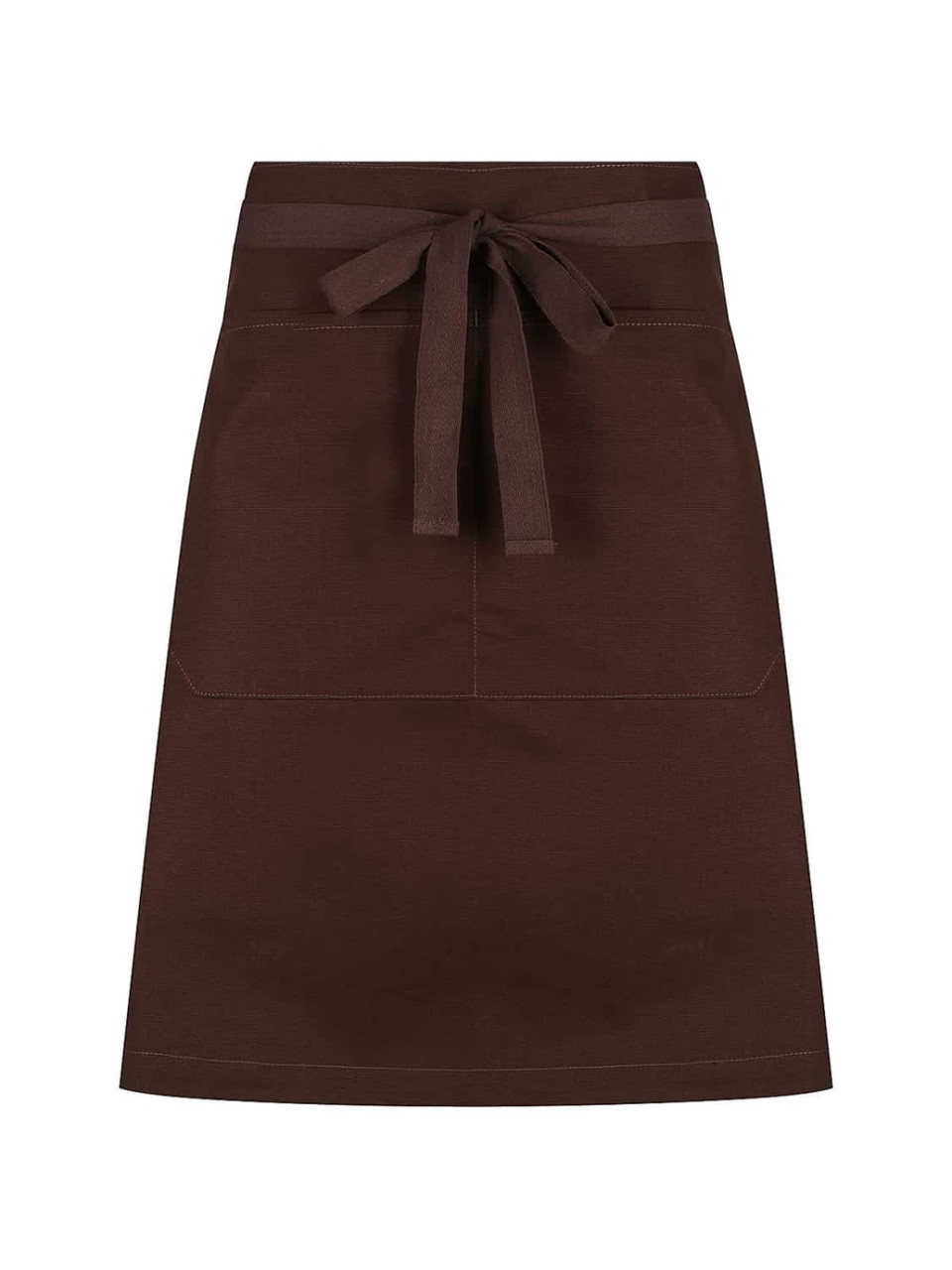 A brown waist apron featuring a tie waist and front pockets, with a simple design and visible branding.