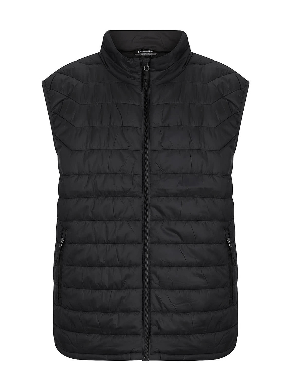 A black puffer vest for men featuring a zip front and two side pockets, with a collar and logo.