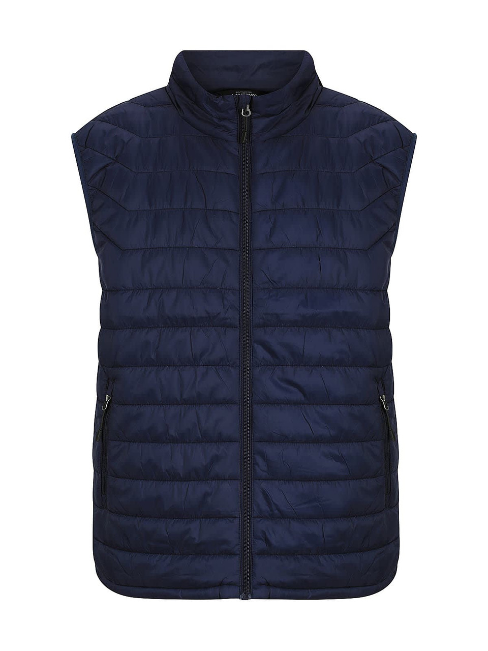 A navy puffer vest for men featuring a zip front and two side pockets, with a branding logo.