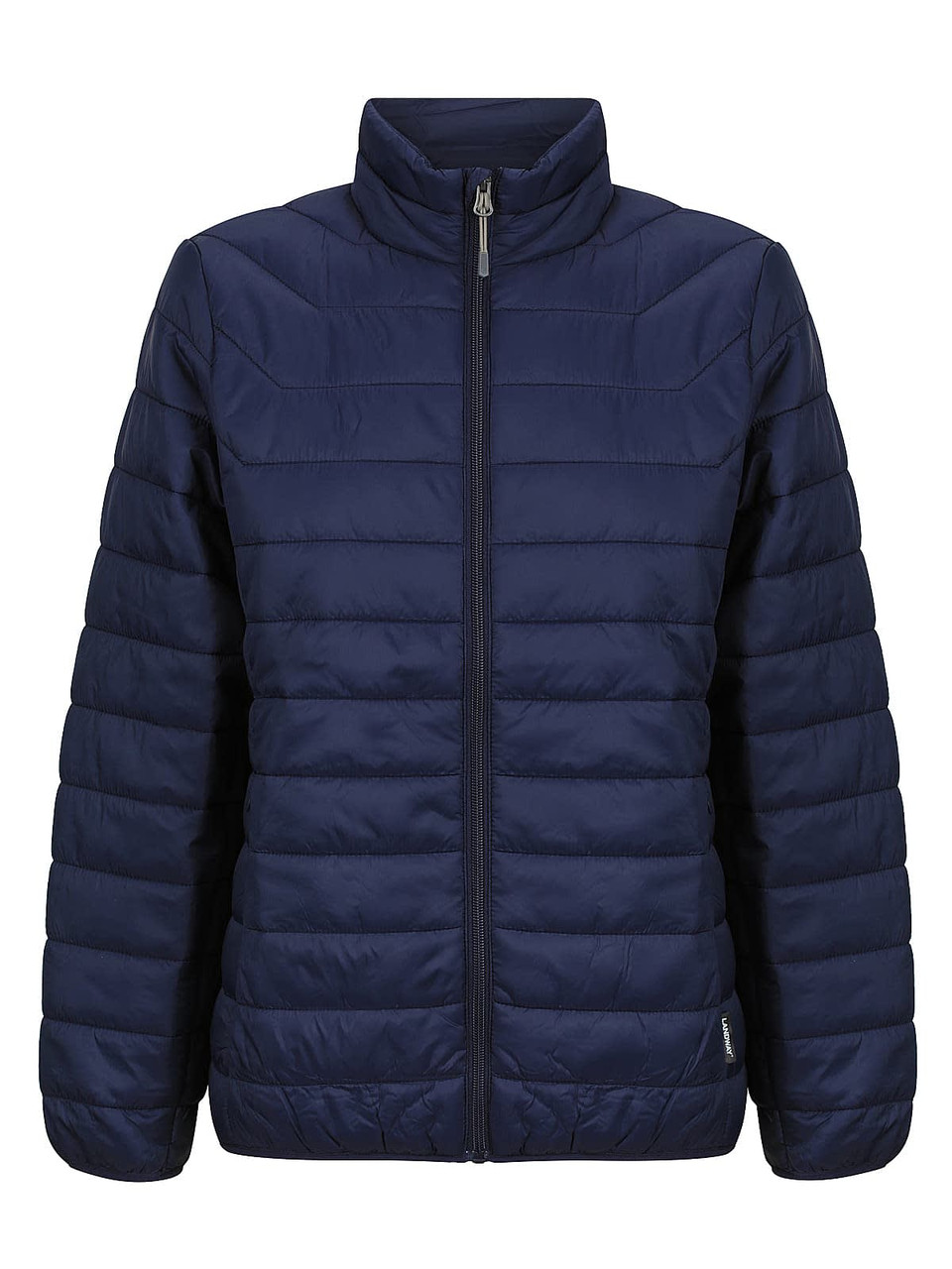 A ladies' puffer jacket in navy blue with a zip front and a sleek, quilted design. It includes a logo on the fabric.