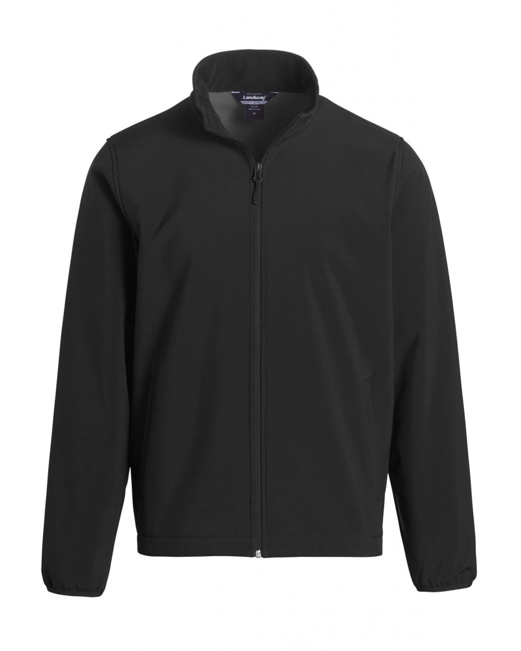A black soft shell jacket with a zip front and high collar, featuring a logo on the chest.