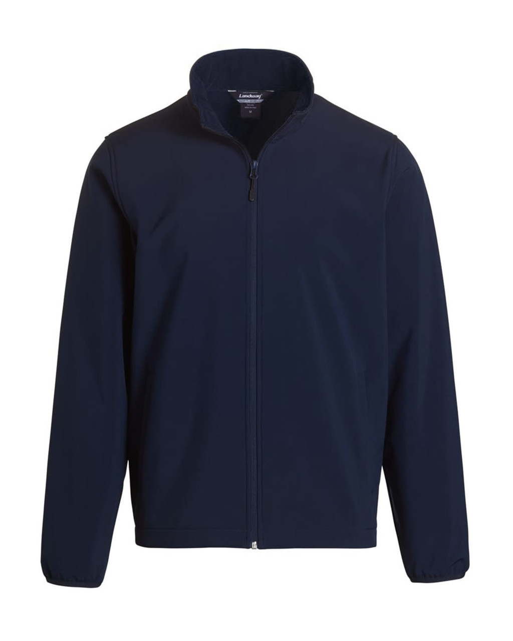 A soft shell jacket in navy blue with a zip front and a stand-up collar. Features a logo on the chest.