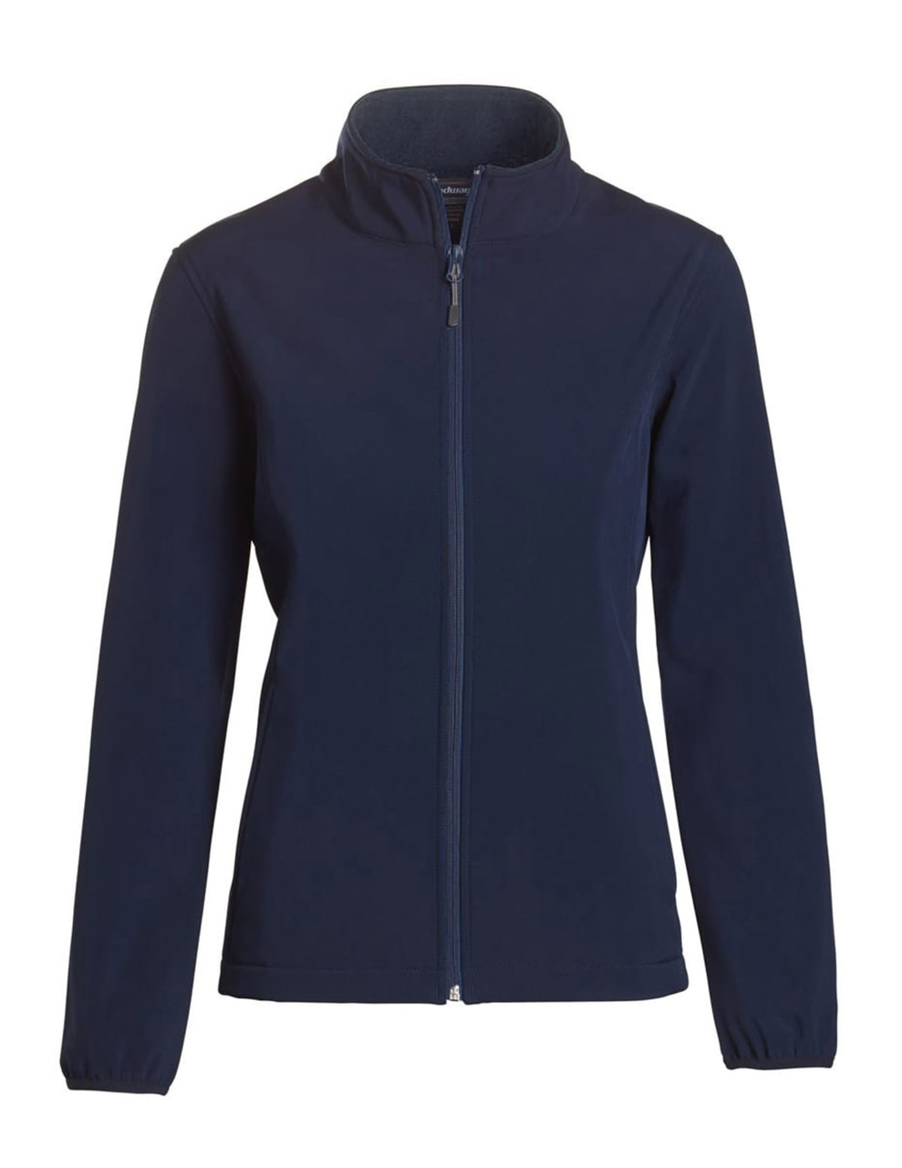 A navy soft shell jacket for ladies with a zip-up front and a collar. It features long sleeves and a branded logo.