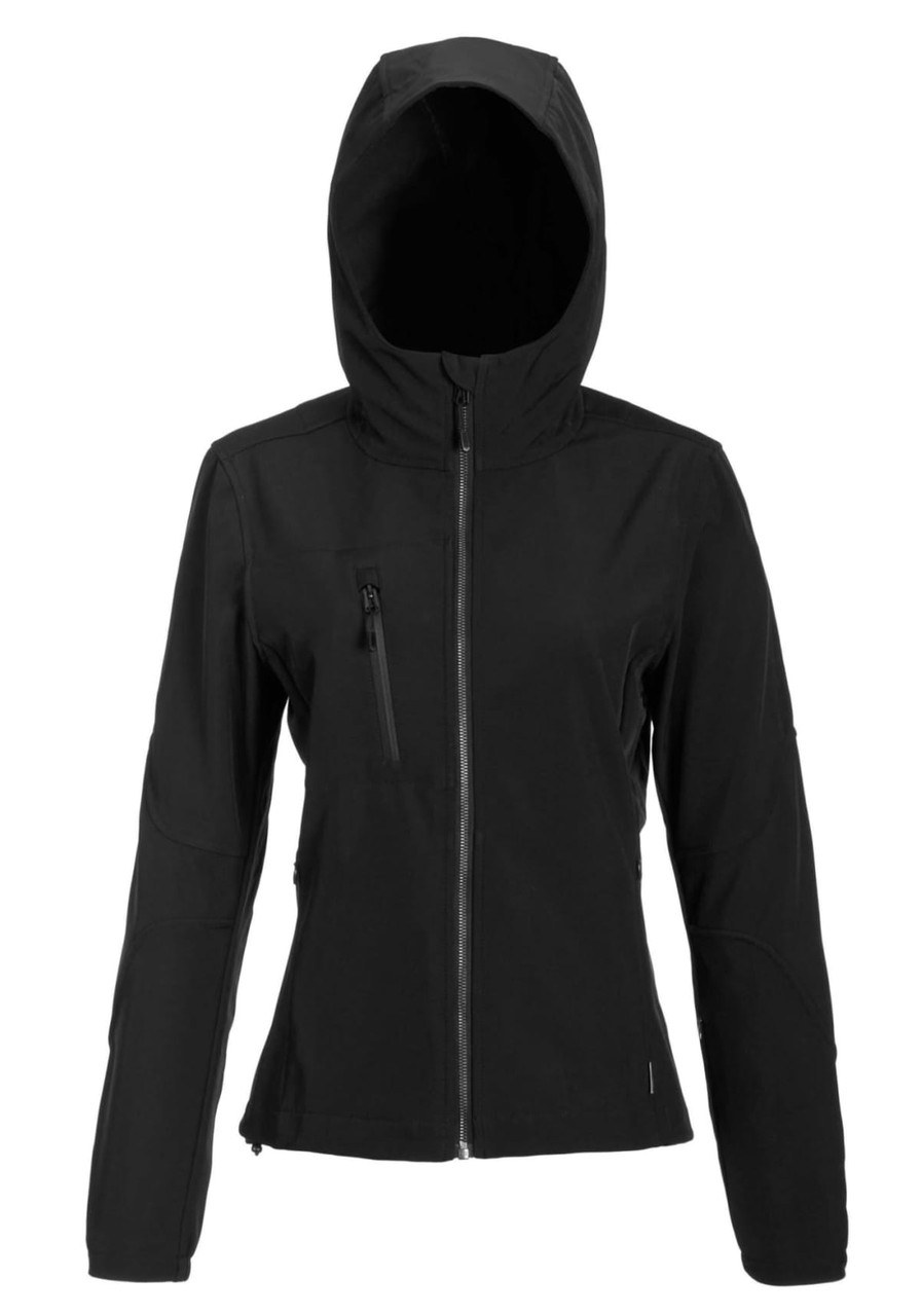 A black soft shell jacket for ladies with a hood and a zippered pocket. Features a logo on the fabric.