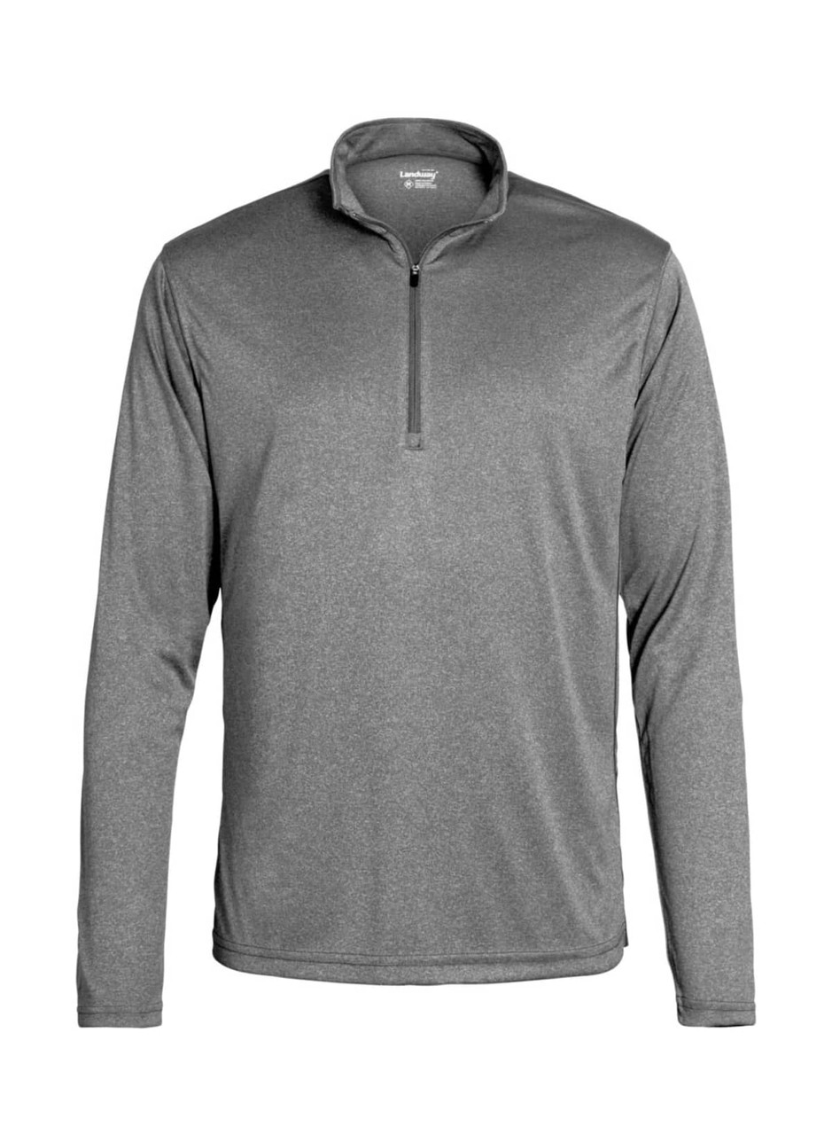 A men's long-sleeve pullover in grey with a quarter zip, featuring a collar and soft fabric.