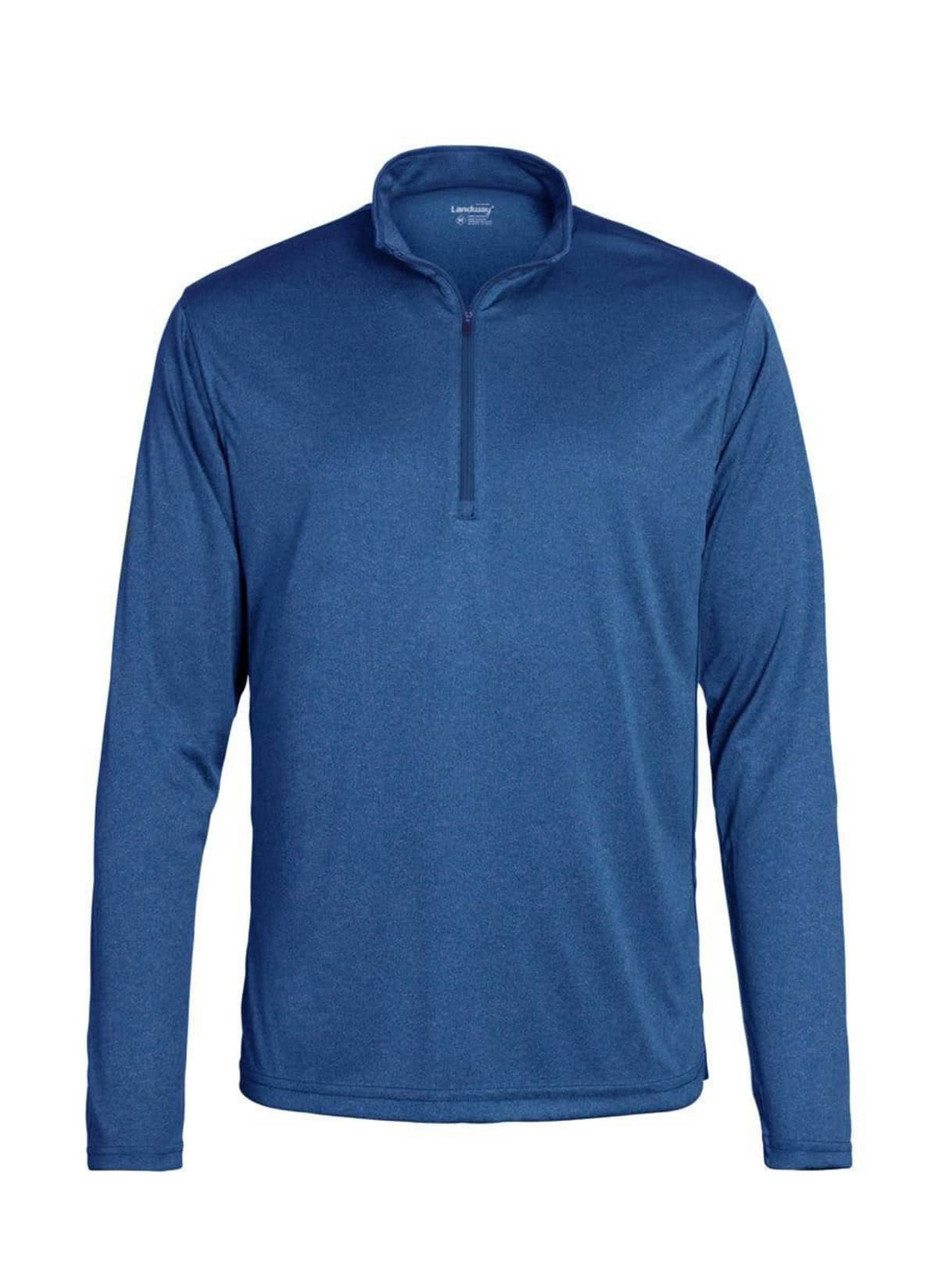 A men's long-sleeve polo top in a deep blue colour with a quarter zip and a collar. It features a branding logo.