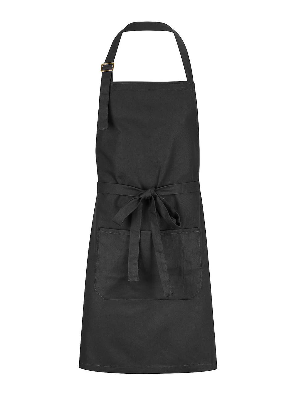 A black bib apron featuring a front pocket and a waist tie, with an adjustable neck strap and a logo.